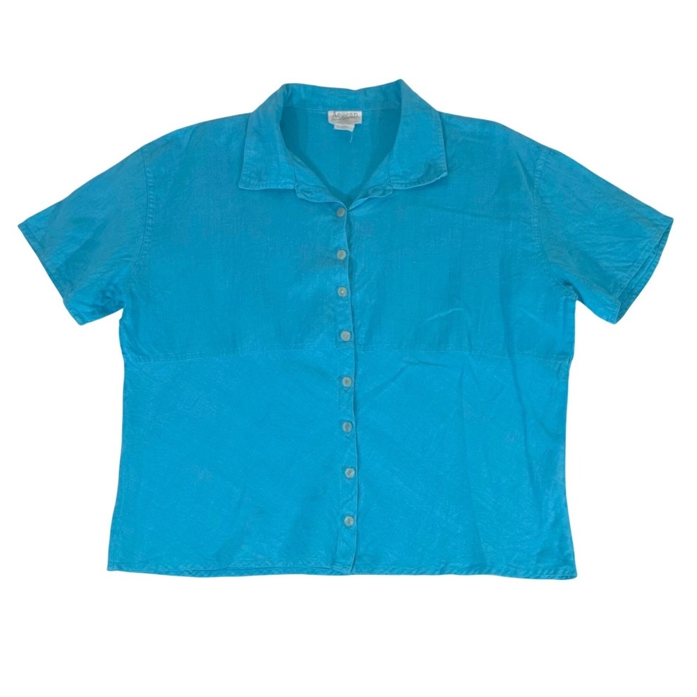 Aegean Linen Button Up Shirt Medium Turquoise Blue Boxy Oversized Beachy Coastal